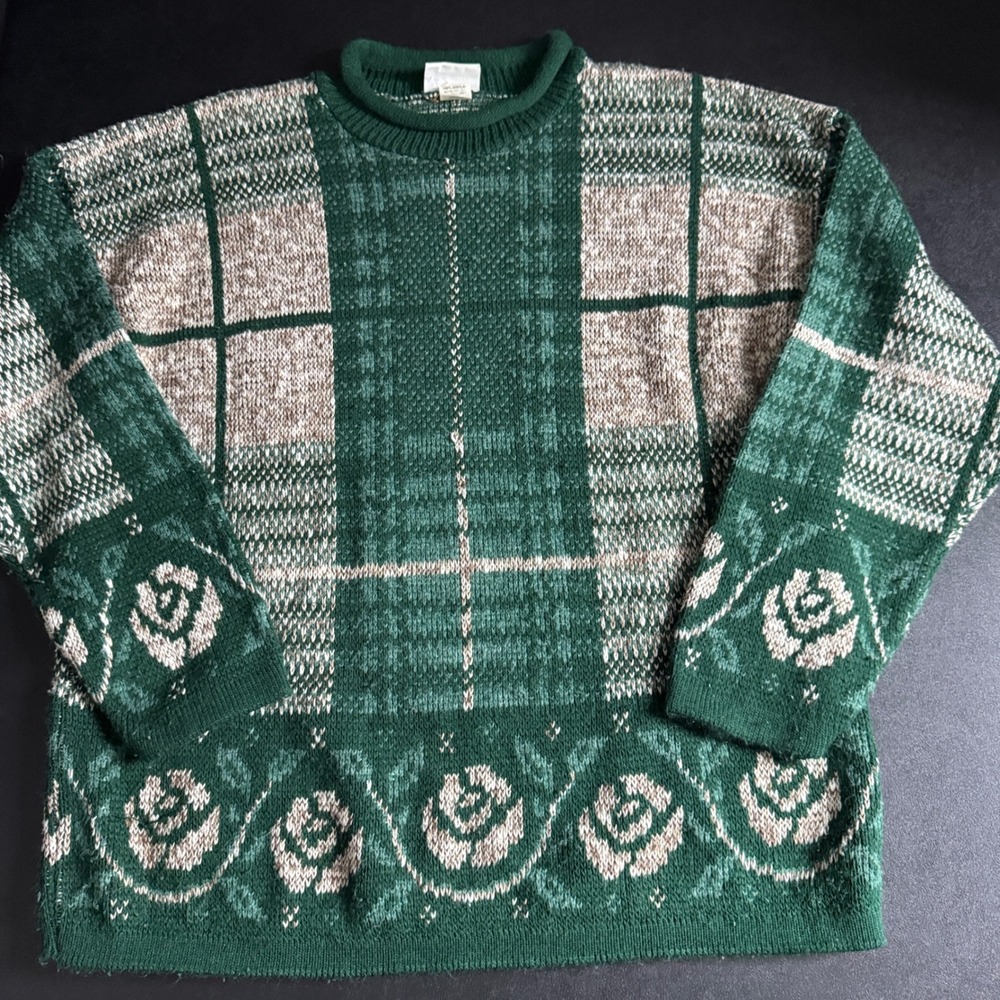 Classic Elements Petite Women's Green Plaid Rose Knit Sweater S Rollneck